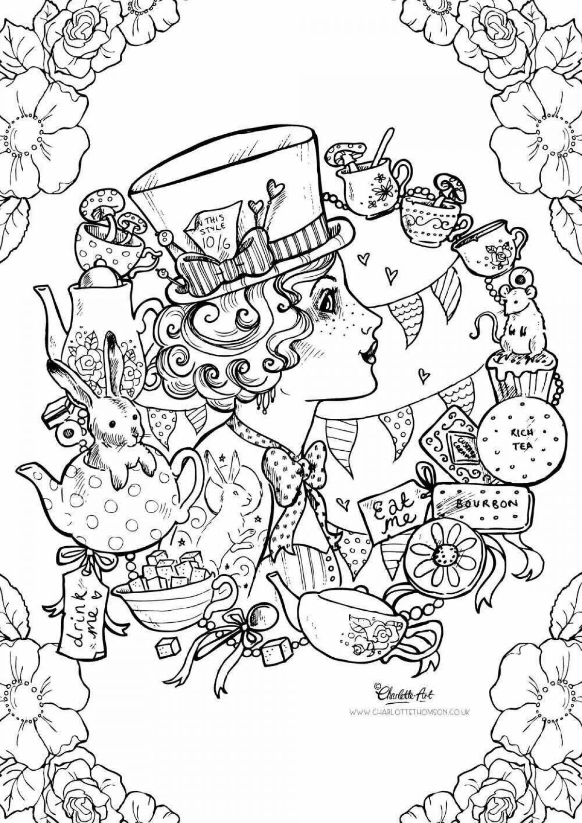 Serene coloring page alice in wonderland antistress