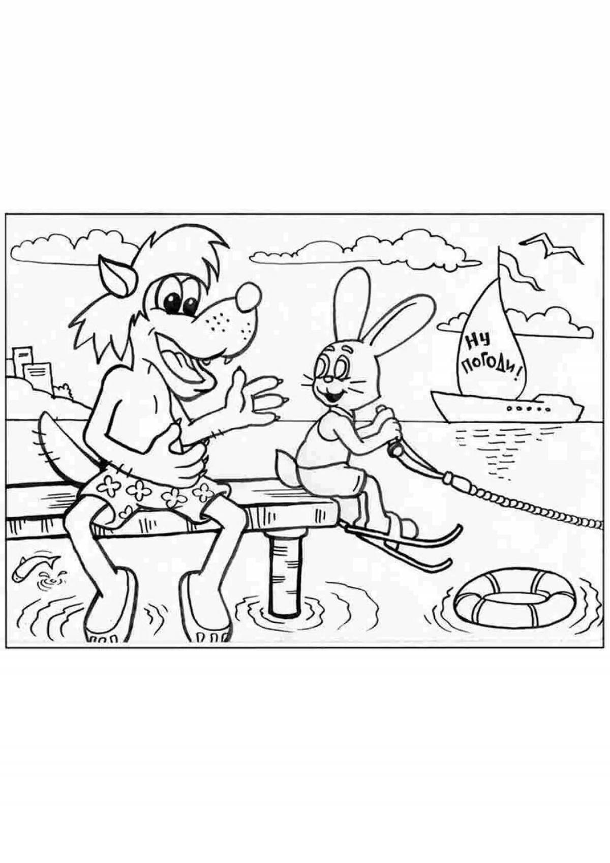 Coloring book cheerful hare and wolf
