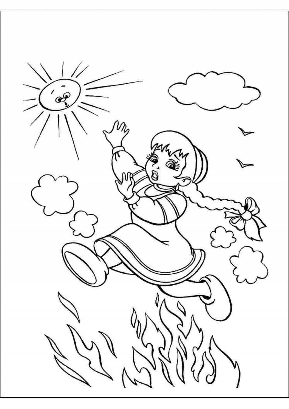 Glowing jumping fire coloring page for kids