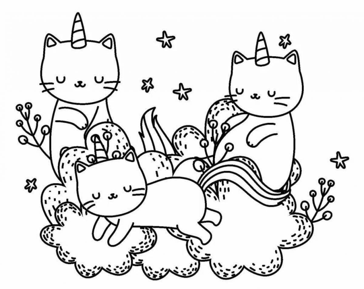 Радостная раскраска кот-единорог для детей