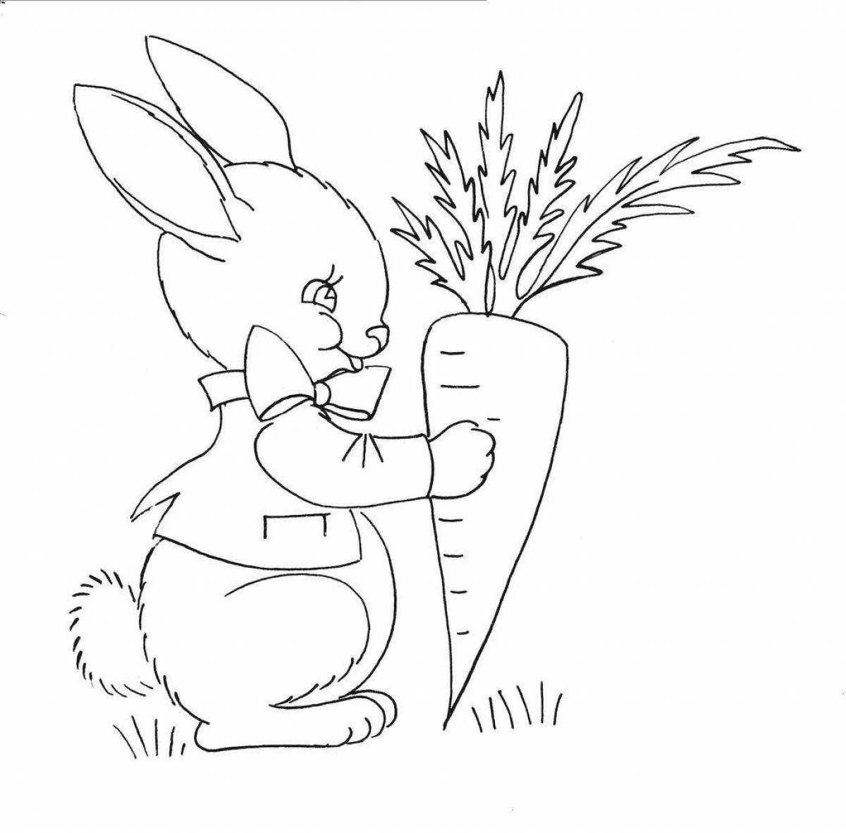 Playful coloring rabbit with carrots
