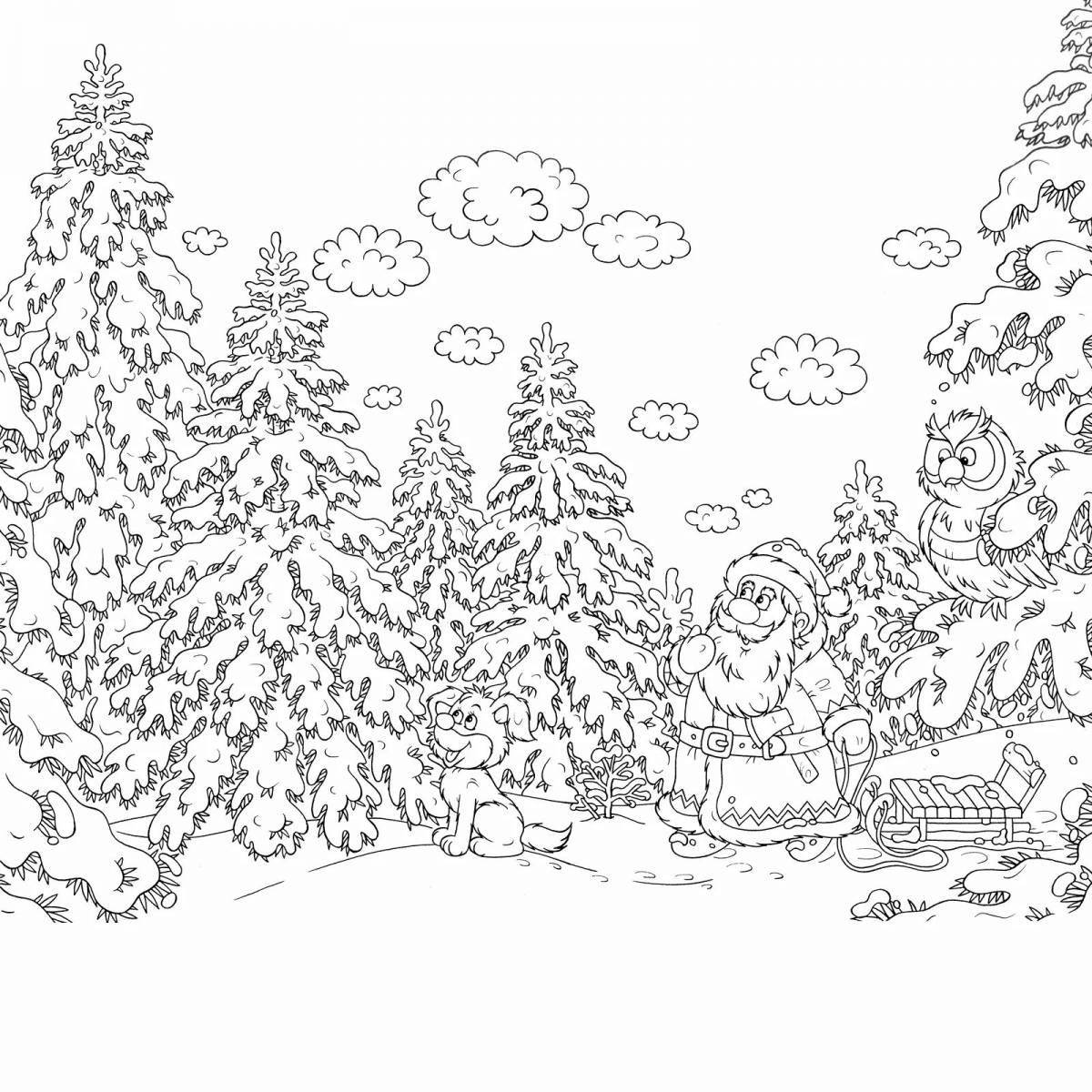 Coloring book inviting winter forest for children 10 years old