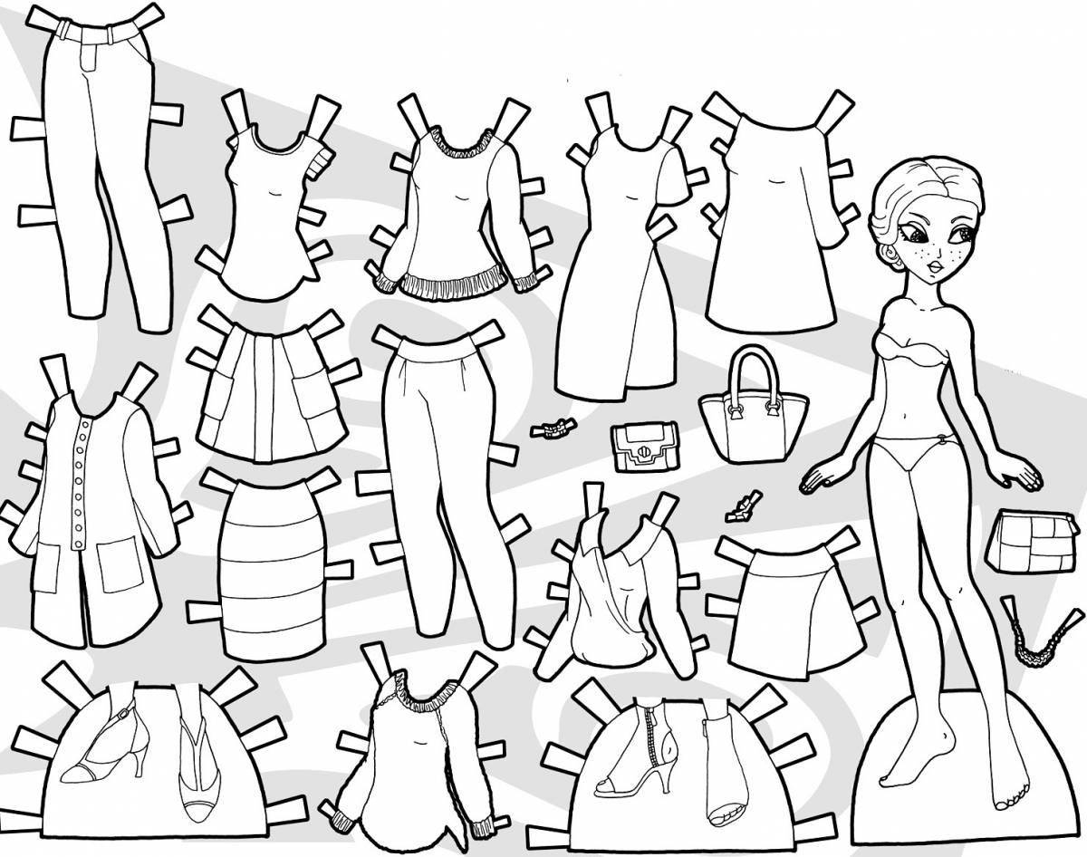 Adorable coloring book of a girl with clothes to cut out