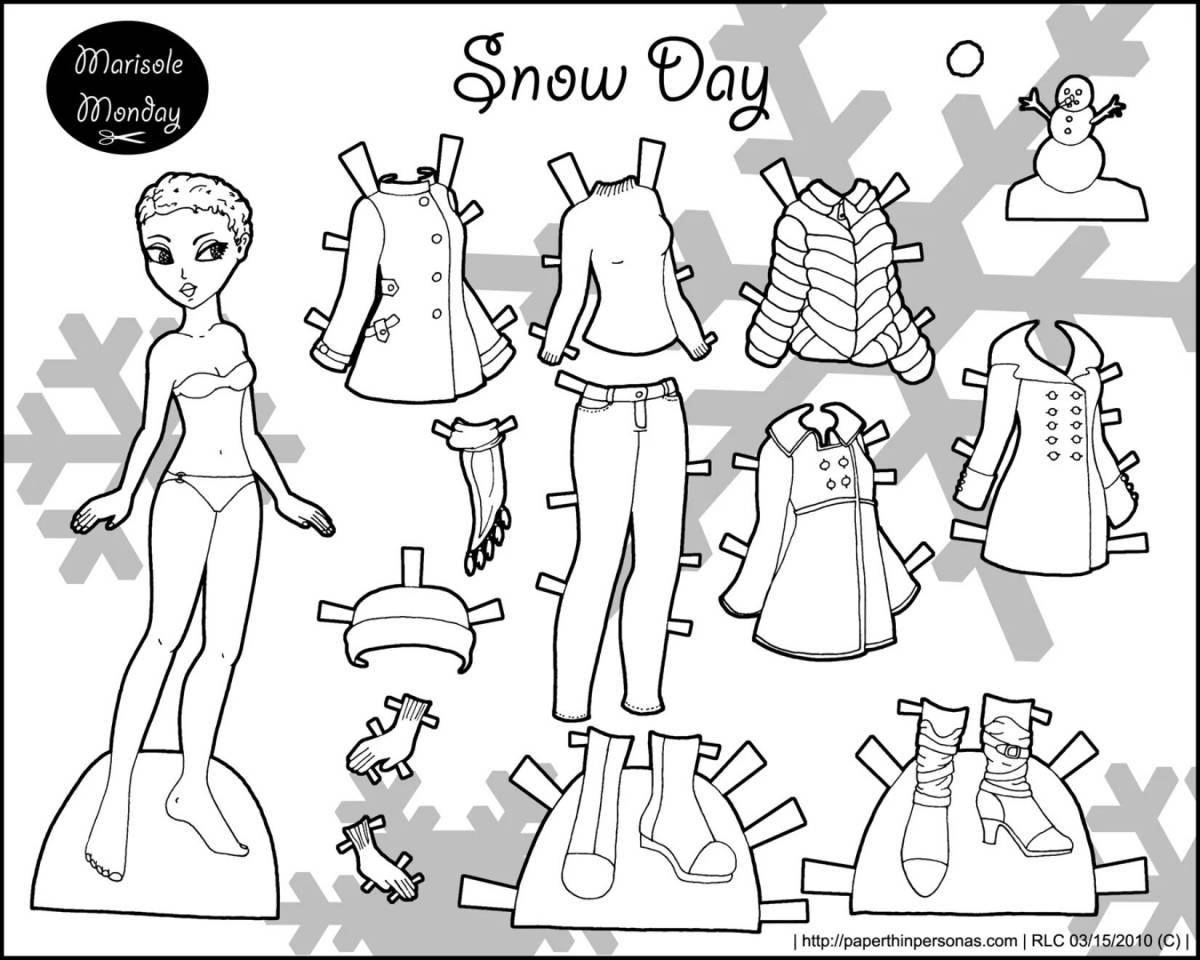 Funny coloring book of a girl with clothes to cut out