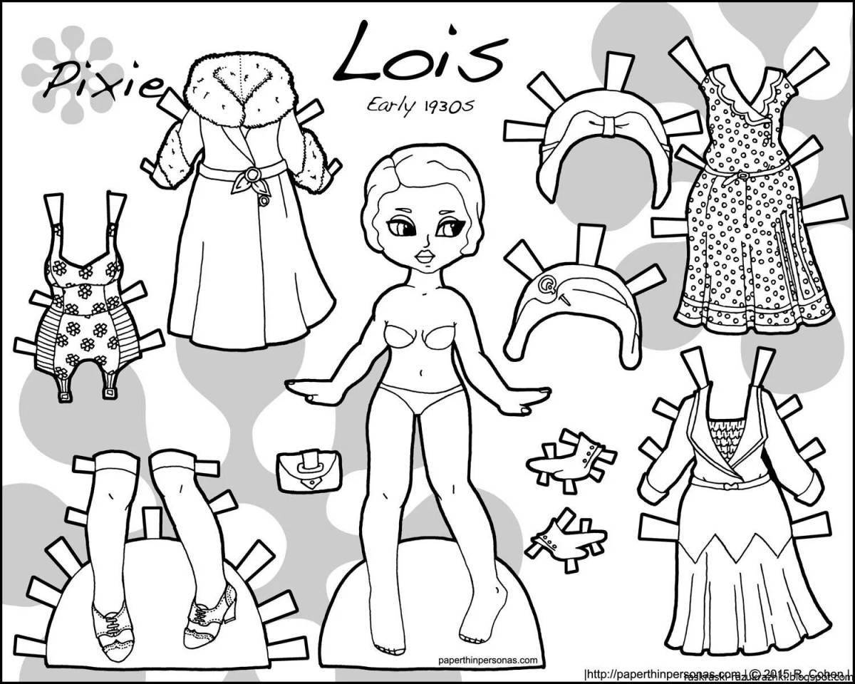Humorous coloring book of a girl with clothes to cut out