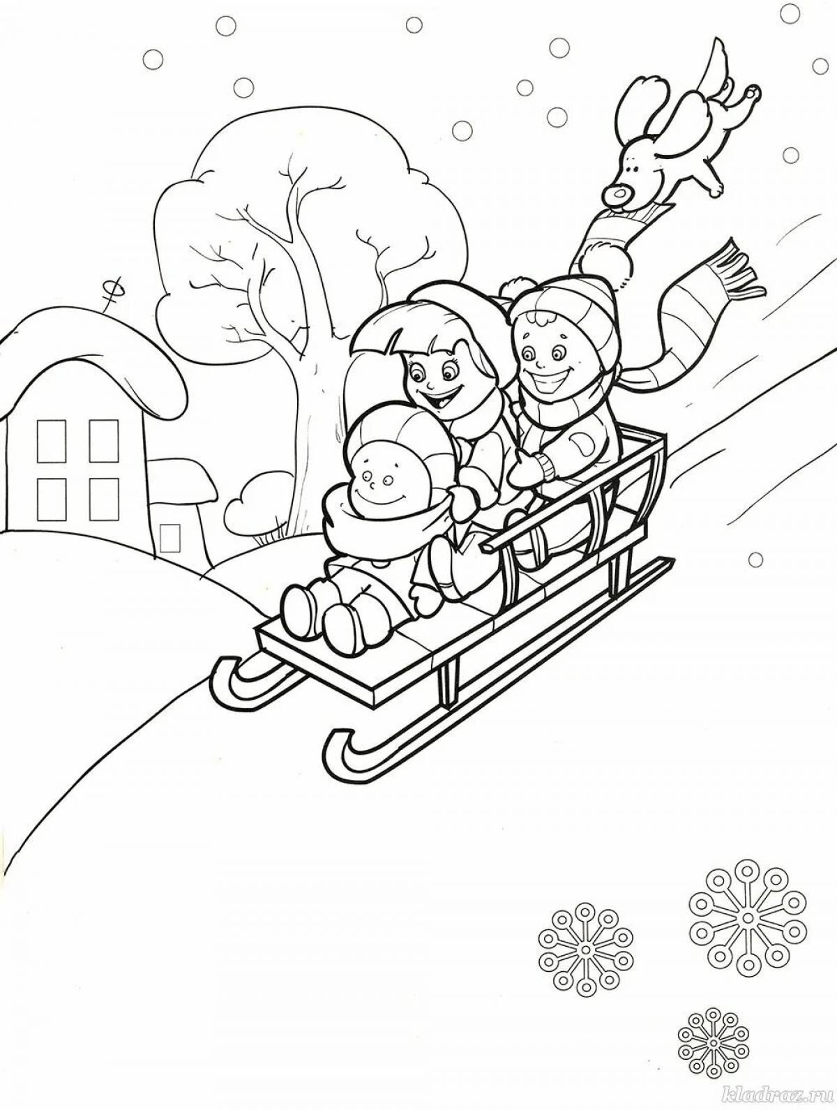 Children's elegant winter road coloring book