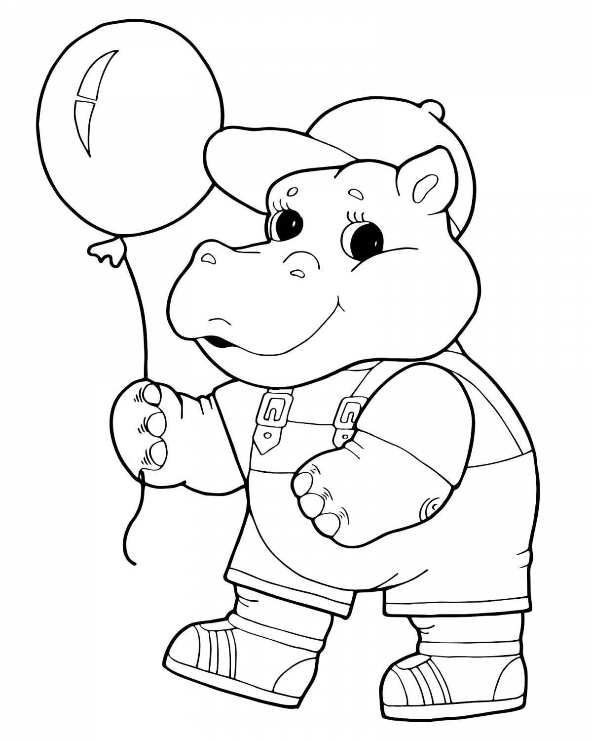 Coloring page happy hippopotamus for children 3-4 years old