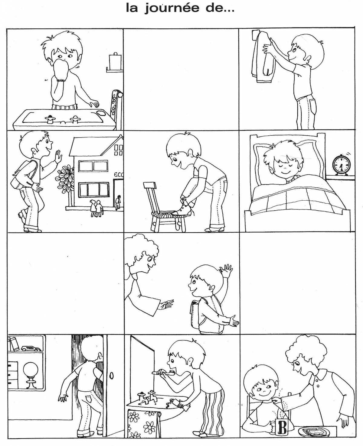 Playful elementary school routine coloring page template