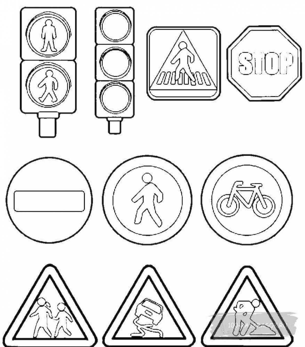 Playful traffic signs coloring page for preschoolers