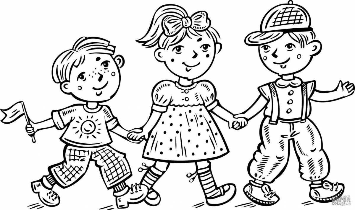 Cute boy and girl holding hands coloring book