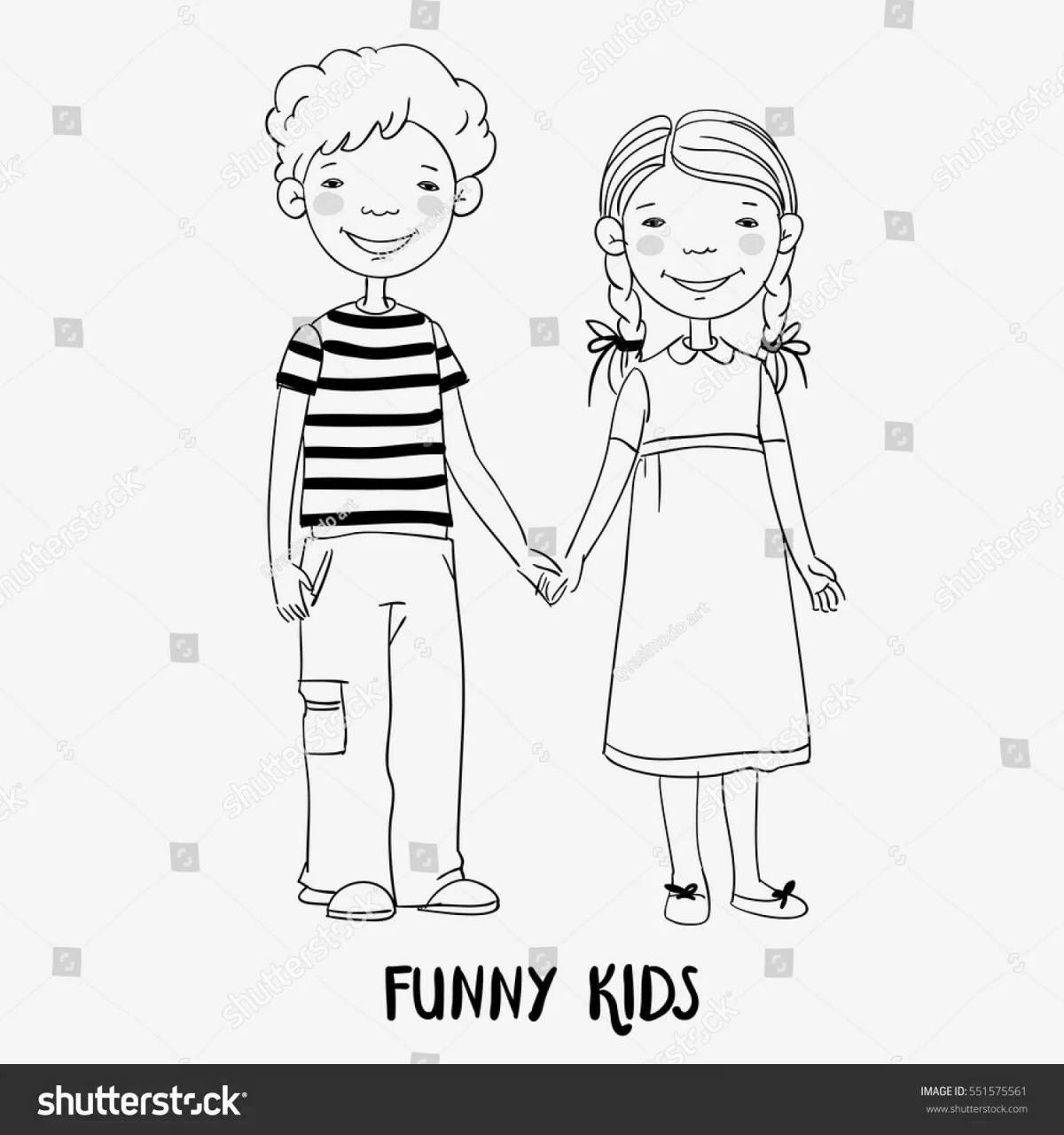 Coloring page playful boy and girl holding hands