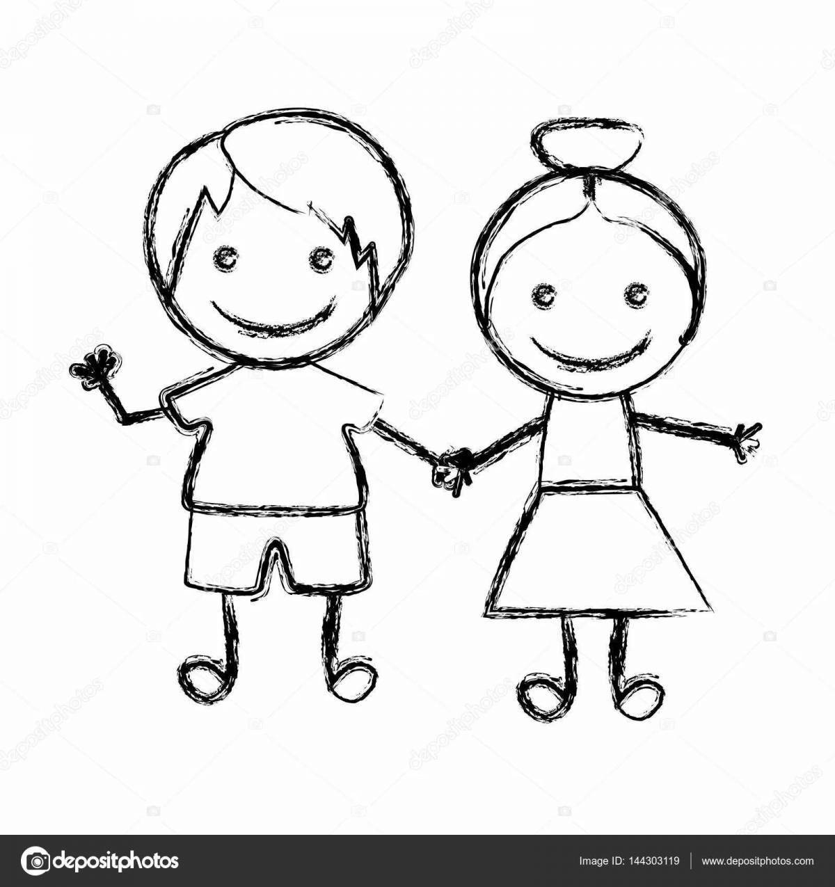 Coloring book harmonious boy and girl holding hands