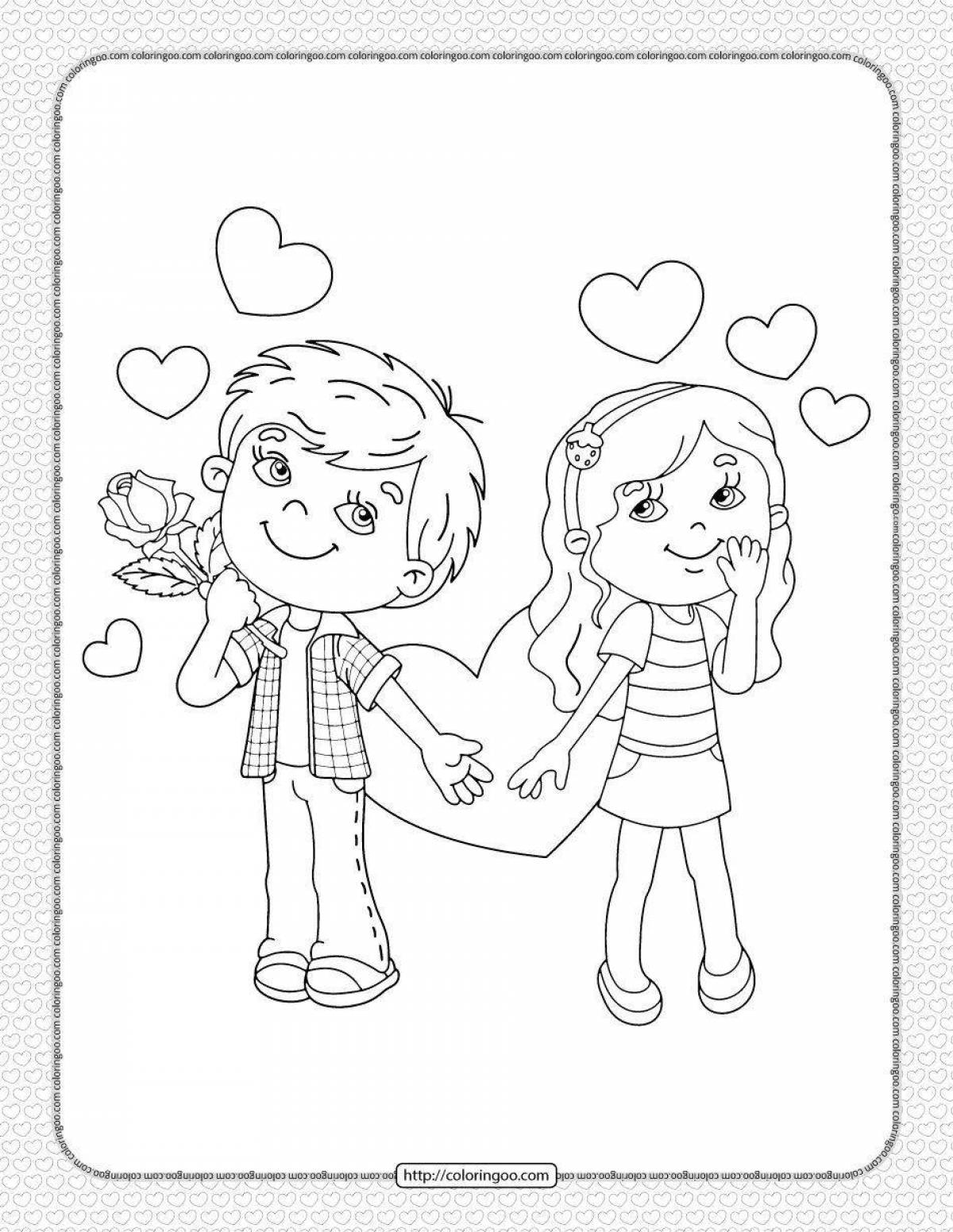 Coloring page adoring boy and girl holding hands