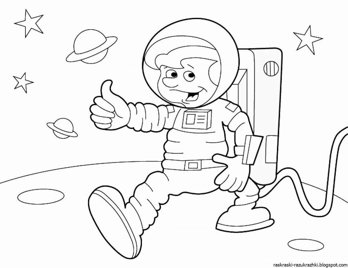 Coloring page bright astronaut with space robot legs