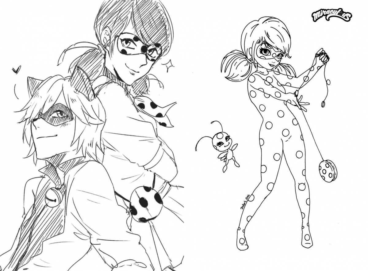 Delightful coloring anime ladybug and super cat