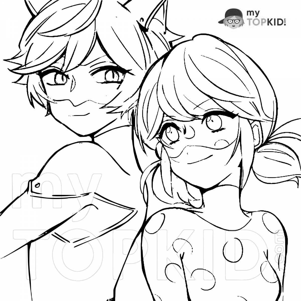 Colourful coloring anime ladybug and super cat