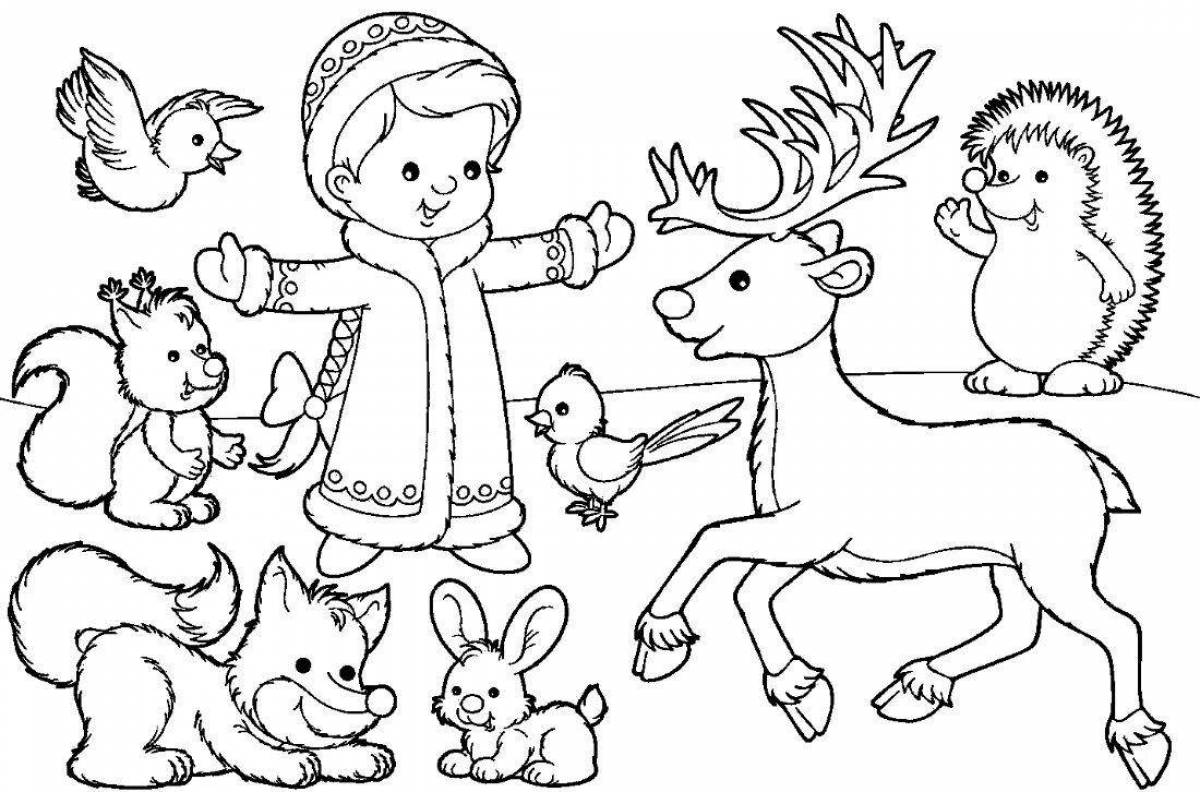 Colourful coloring pages animals in winter