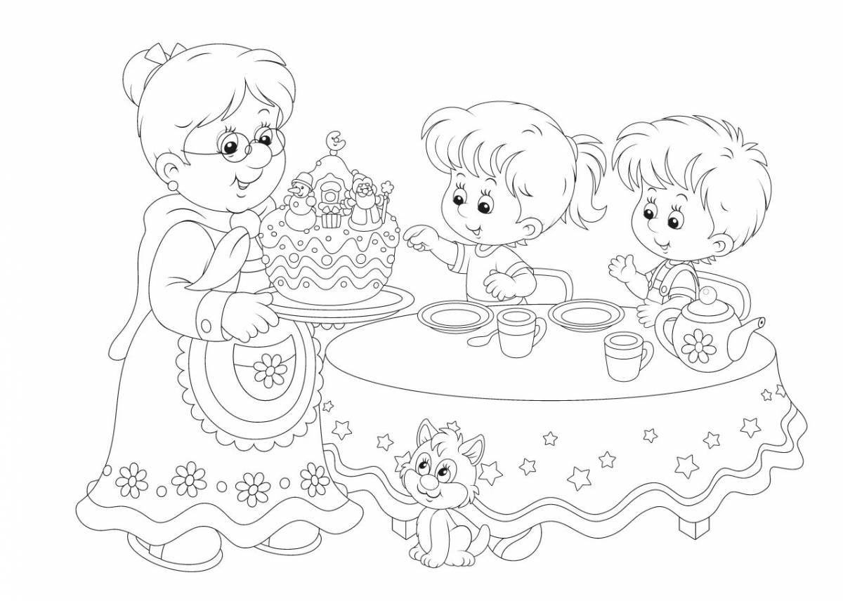 Раскраска чаепитие с тортом для детей