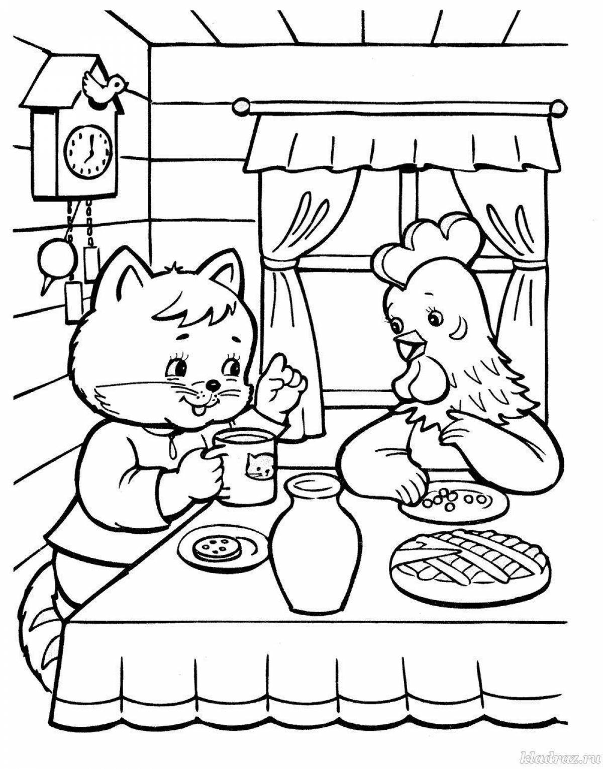 Coloring book bright cat and rooster