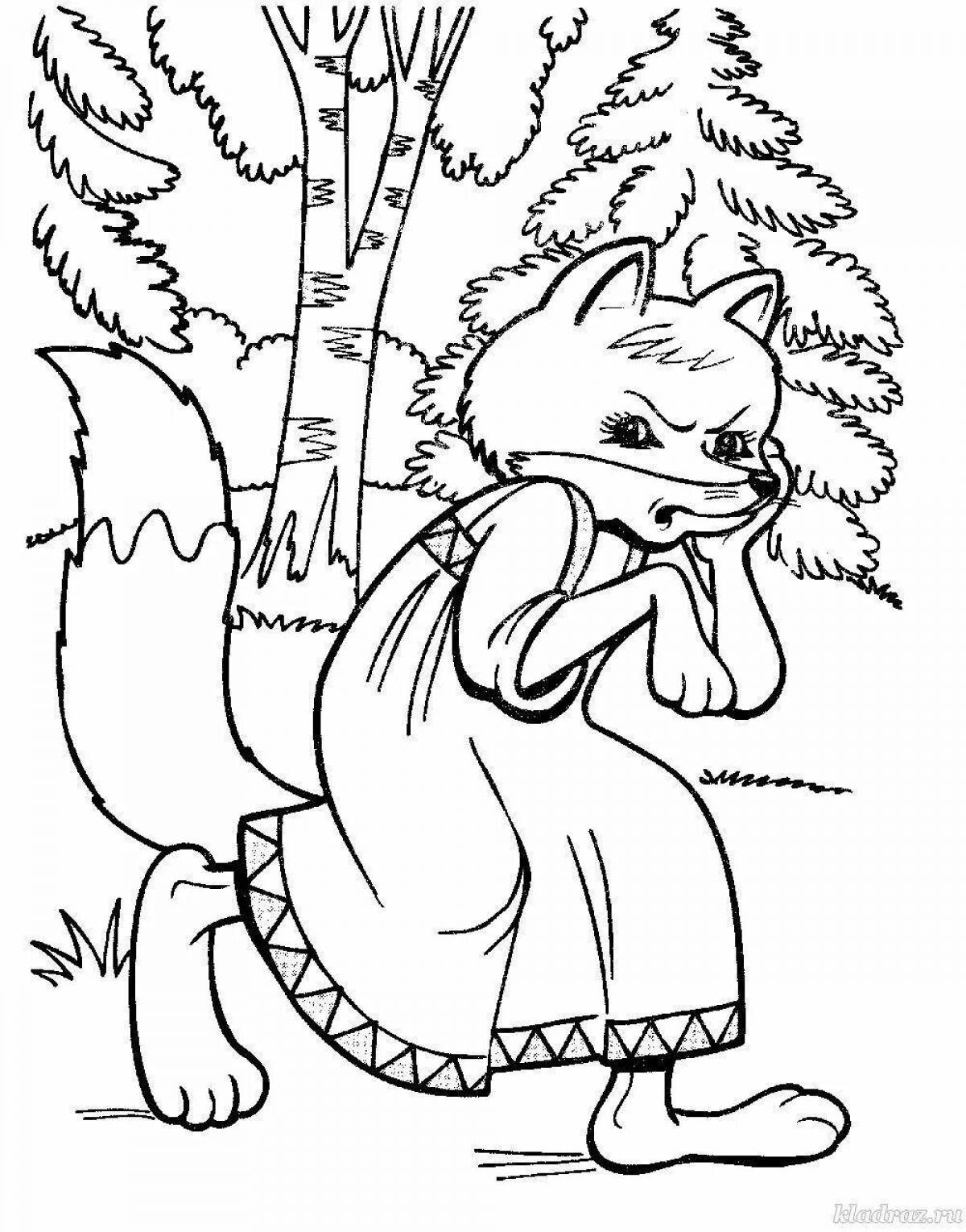 Fancy coloring fox and rooster Russian folk tale