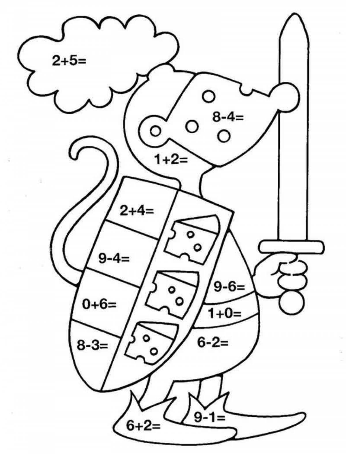 Entertaining coloring by numbers for children 7 years old with examples of arithmetic