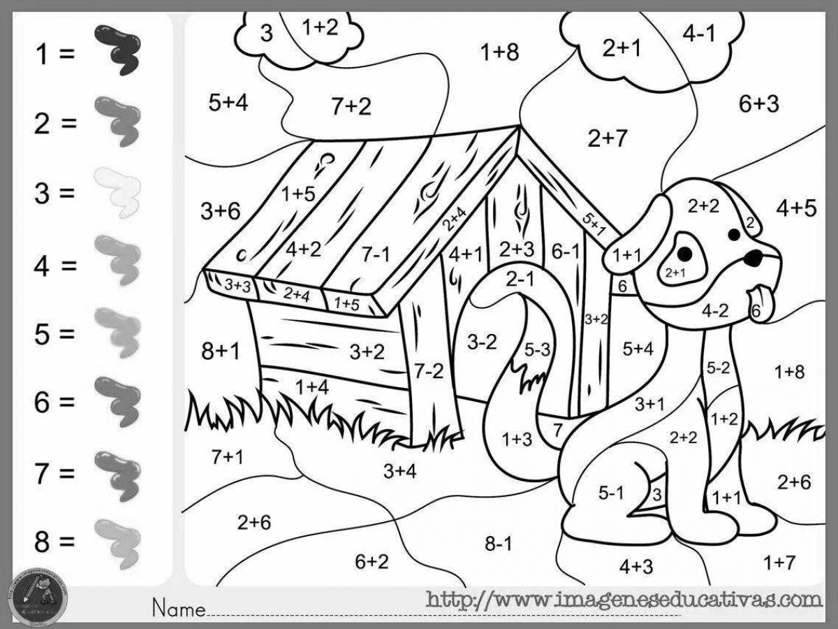 Развивающая раскраска по номерам для детей 7 лет с примерами арифметики
