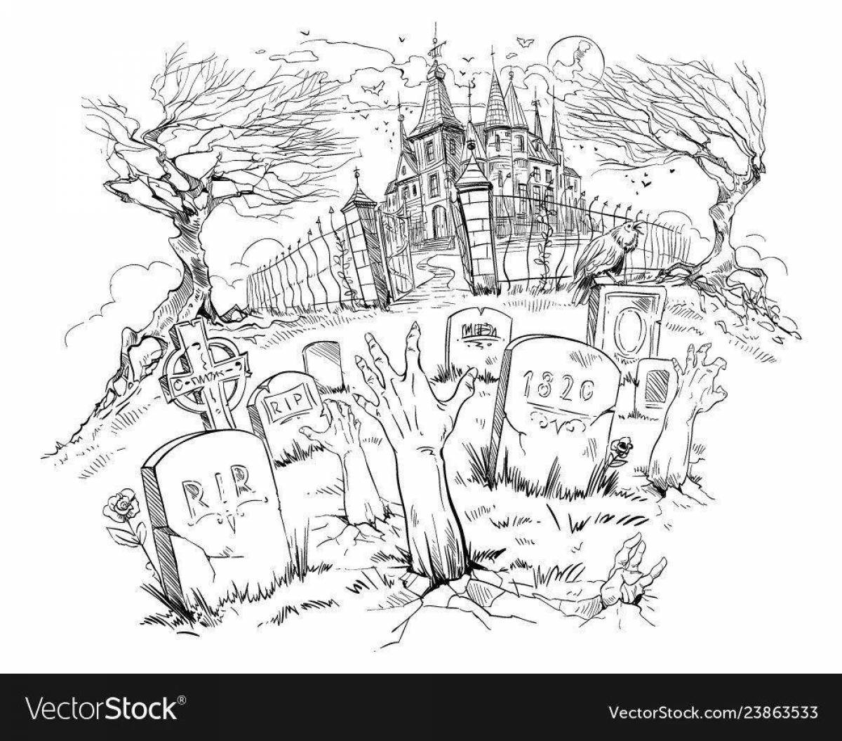 Spooky graveyard coloring book