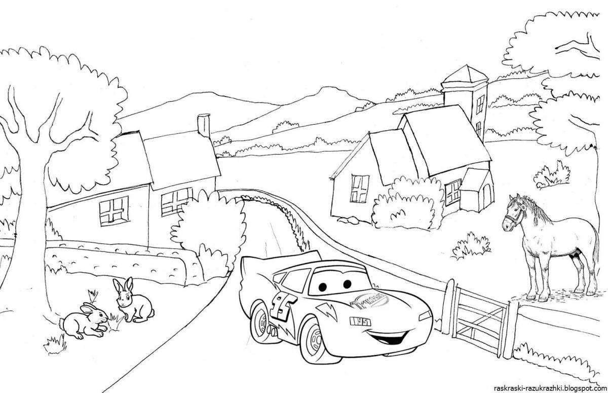Serene village coloring page