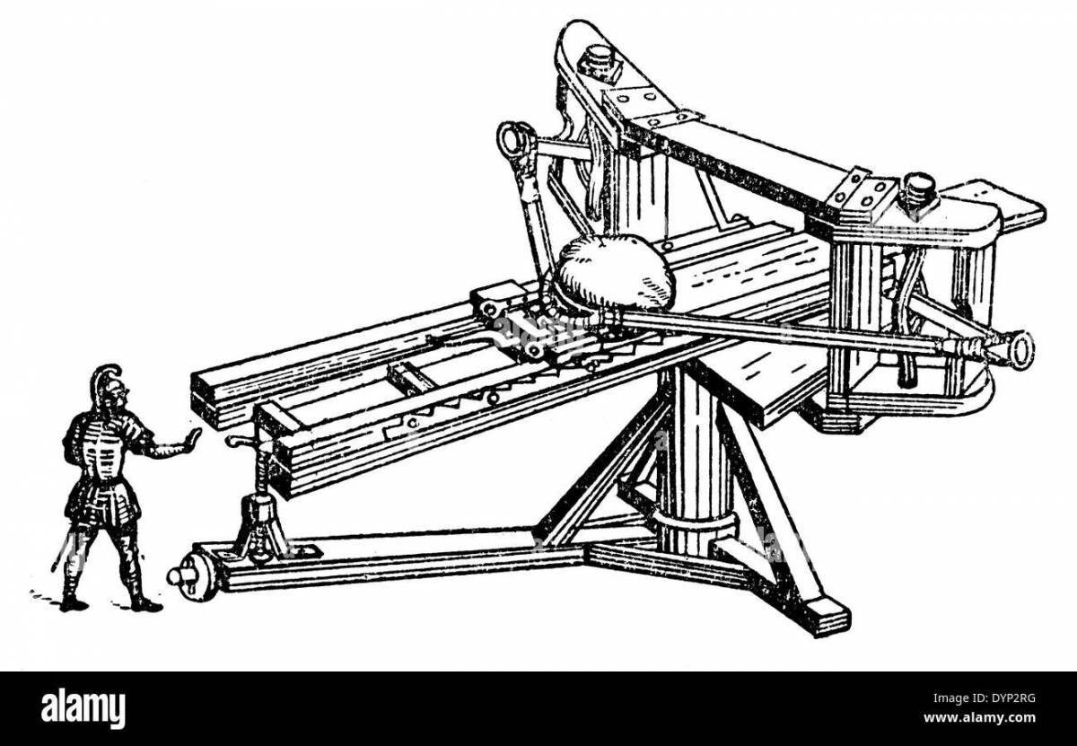 Игривая страница раскраски катапульты