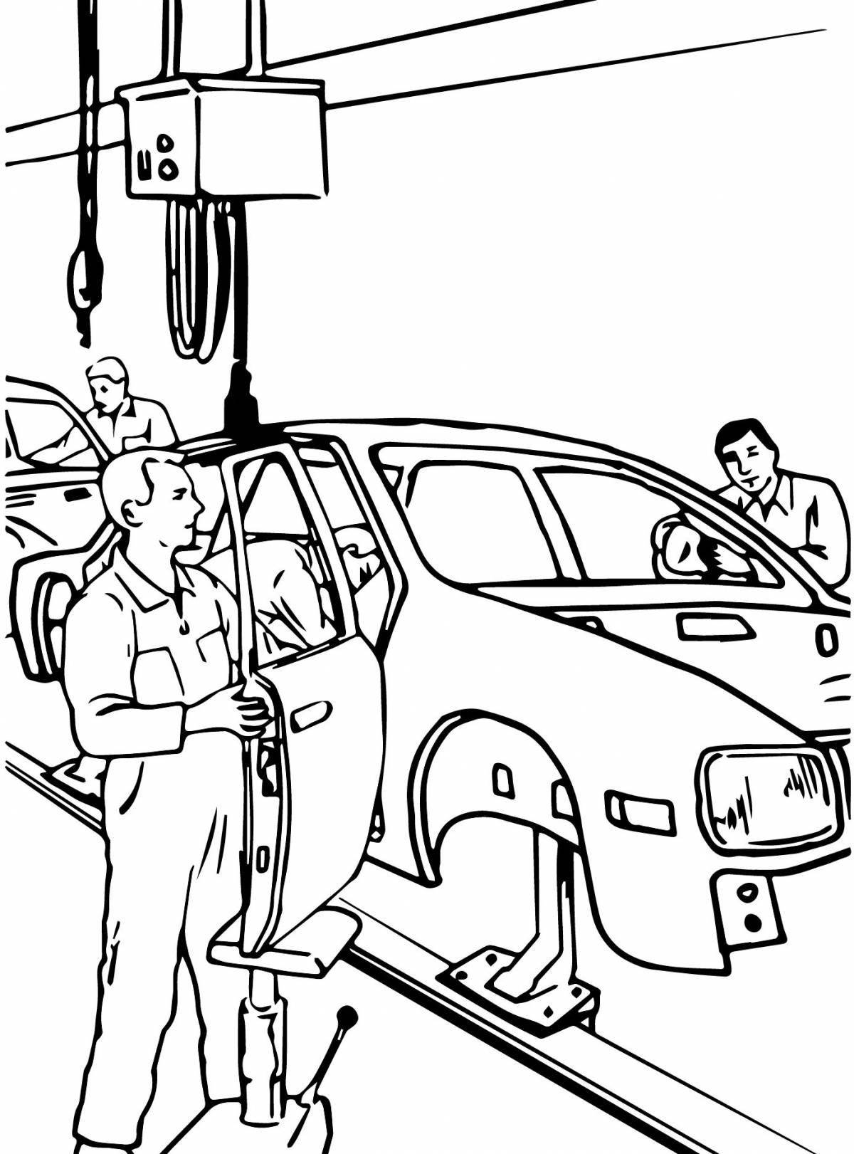 Dynamic car mechanic coloring page