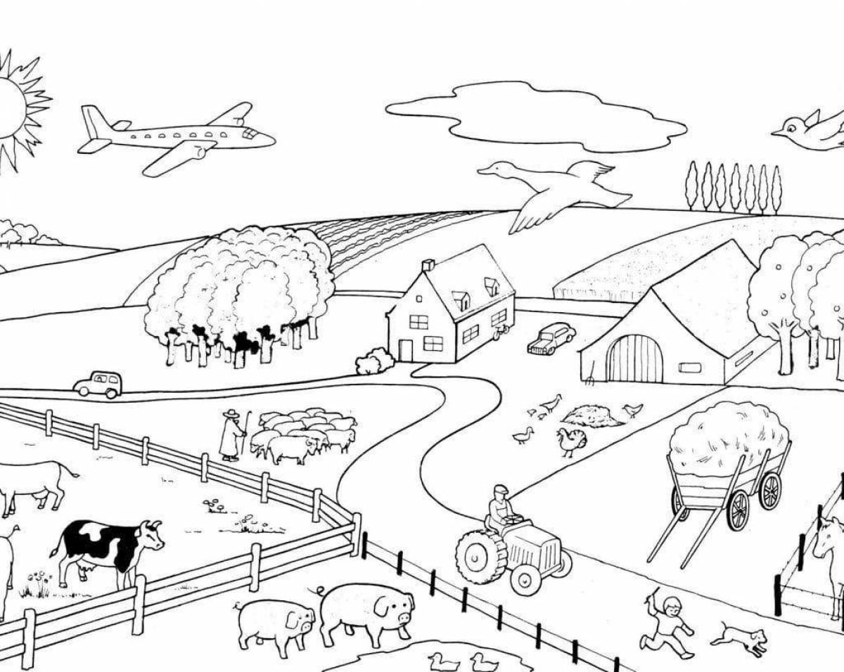 Exquisite village coloring page