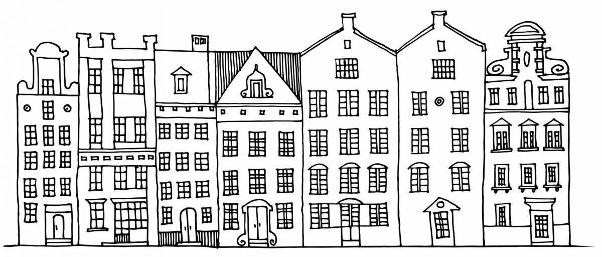 Coloring book of a cheerful three-storey house