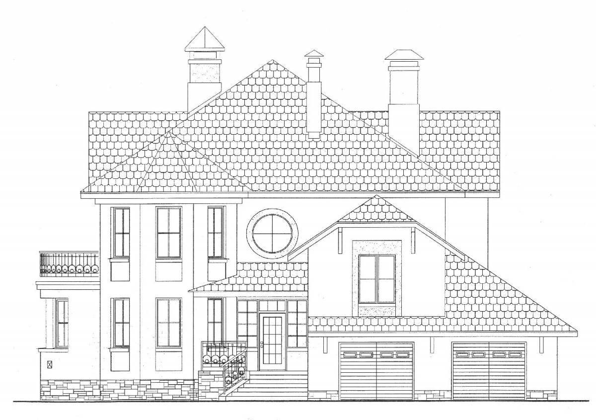 Coloring book richly decorated three-story house
