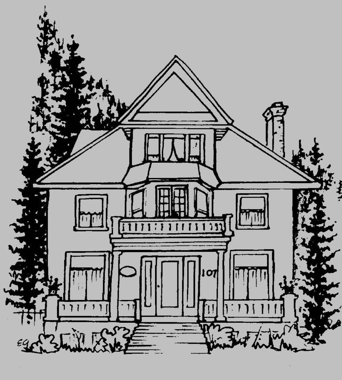 Intricate three-story house coloring page