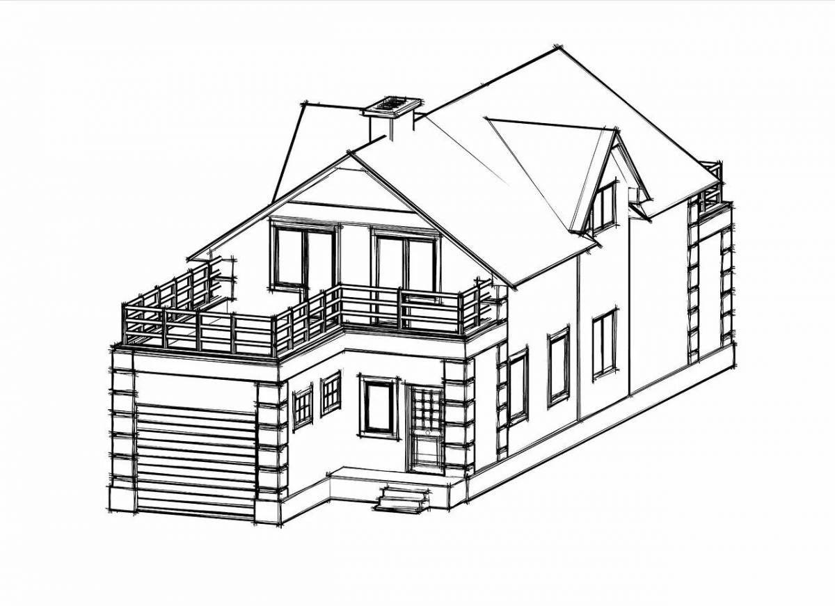 Coloring page of a glamorous three-storey house