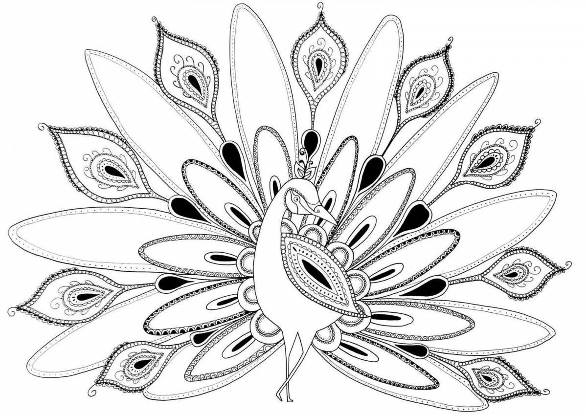 Colorfully illuminated peacock coloring page