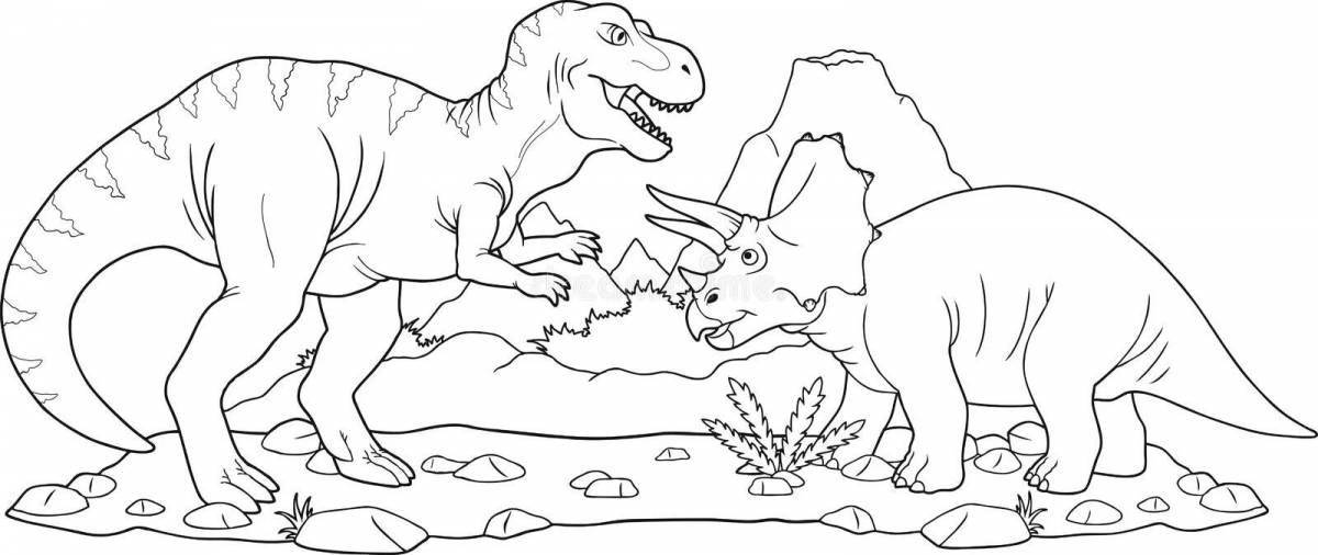 Bold depiction of a battle with dinosaurs