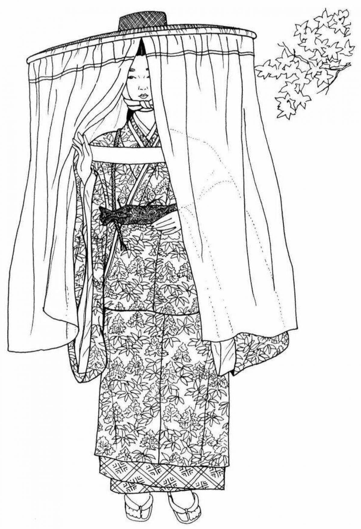 Coloring page of intricate Japanese clothing
