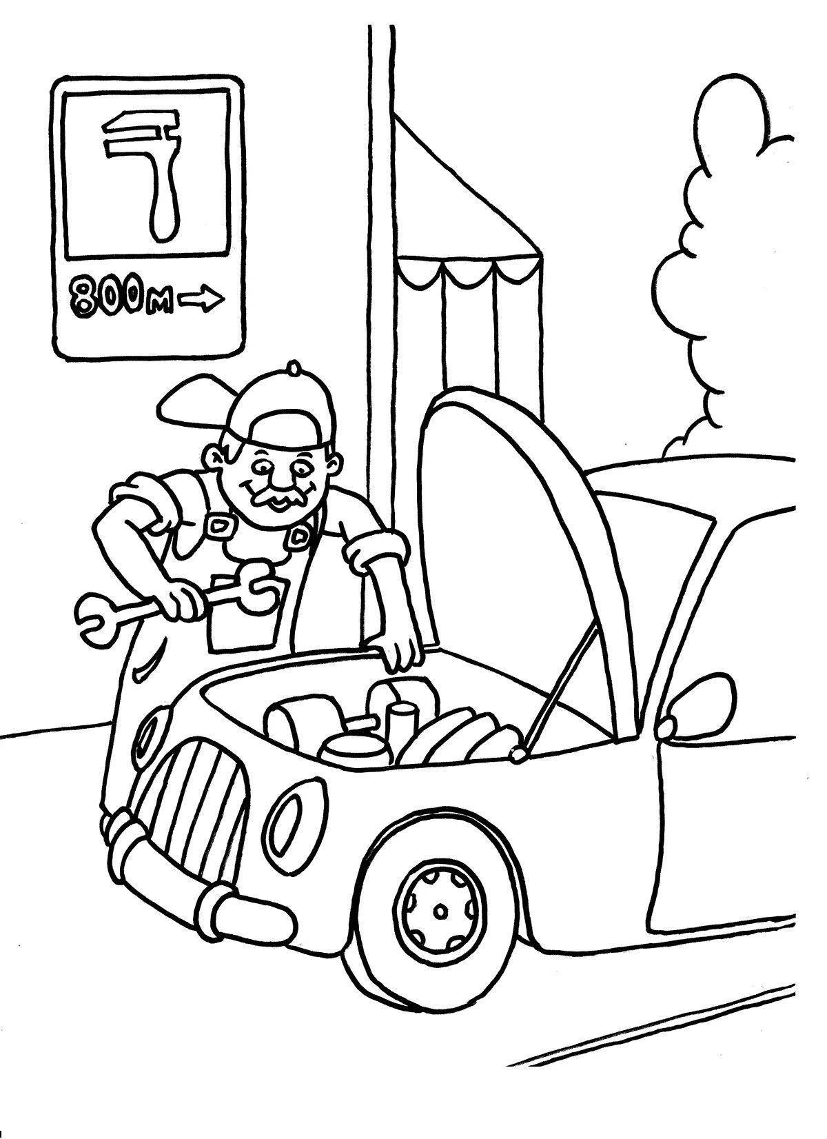 Colorful auto mechanic profession coloring page