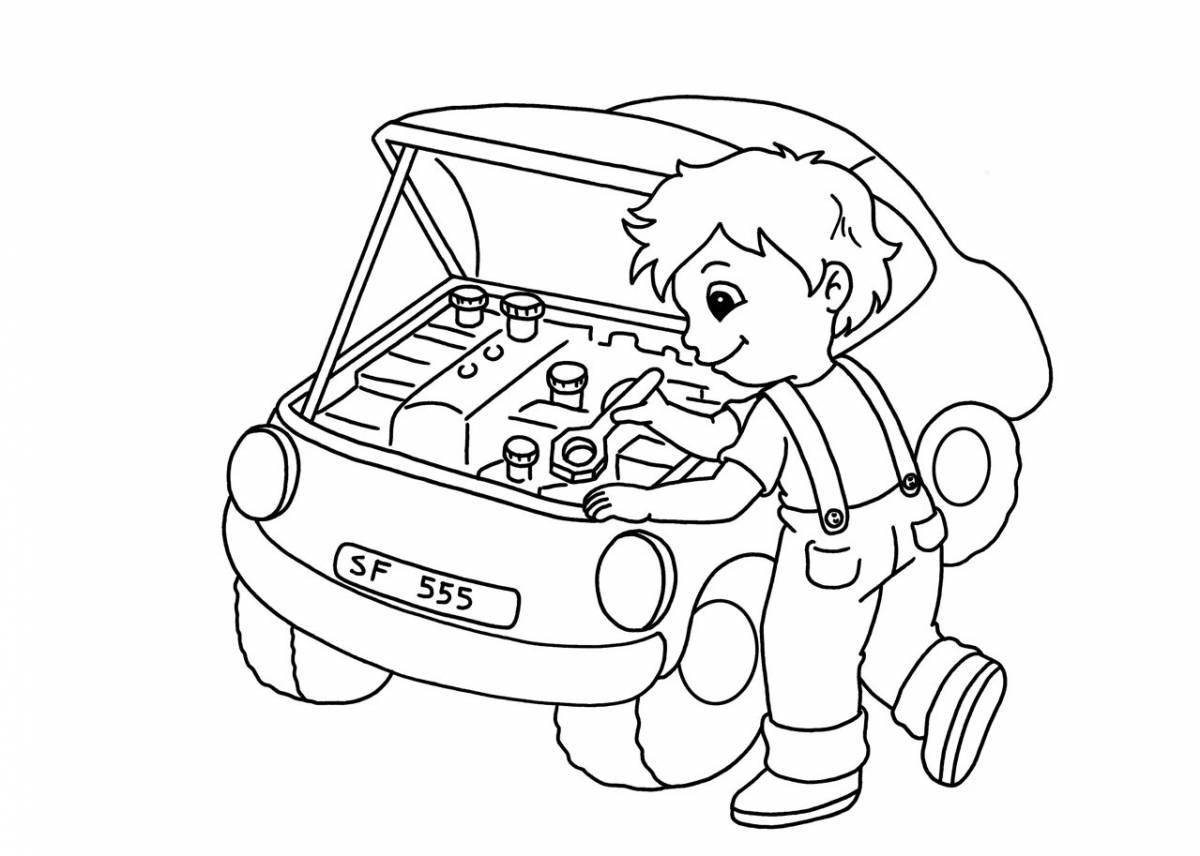 Coloring book exciting profession auto mechanic