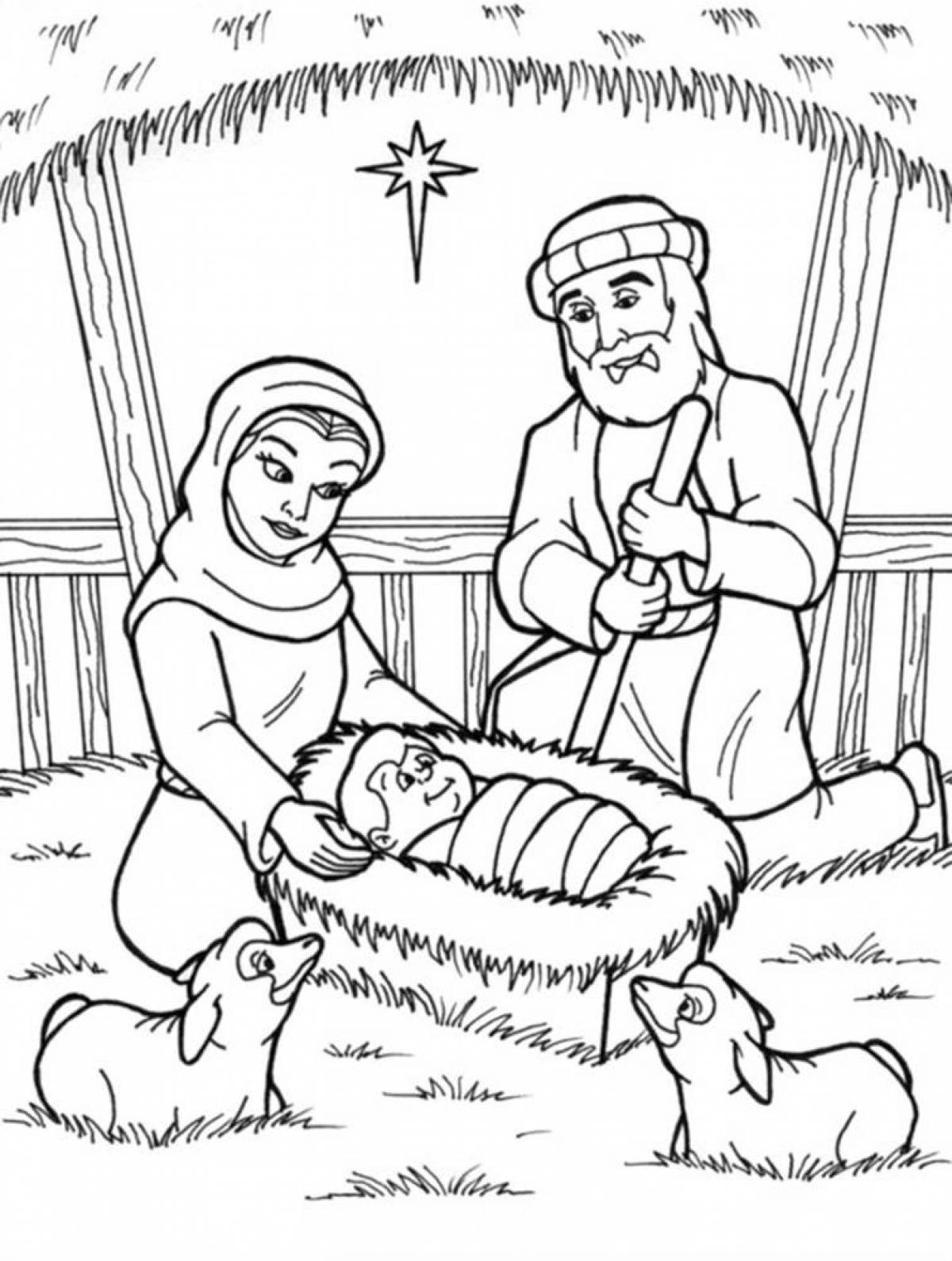Мария, Иосиф и младенец в вертепе раскраска