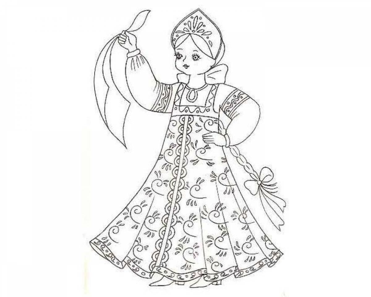 Detailed Russian folk costume coloring page