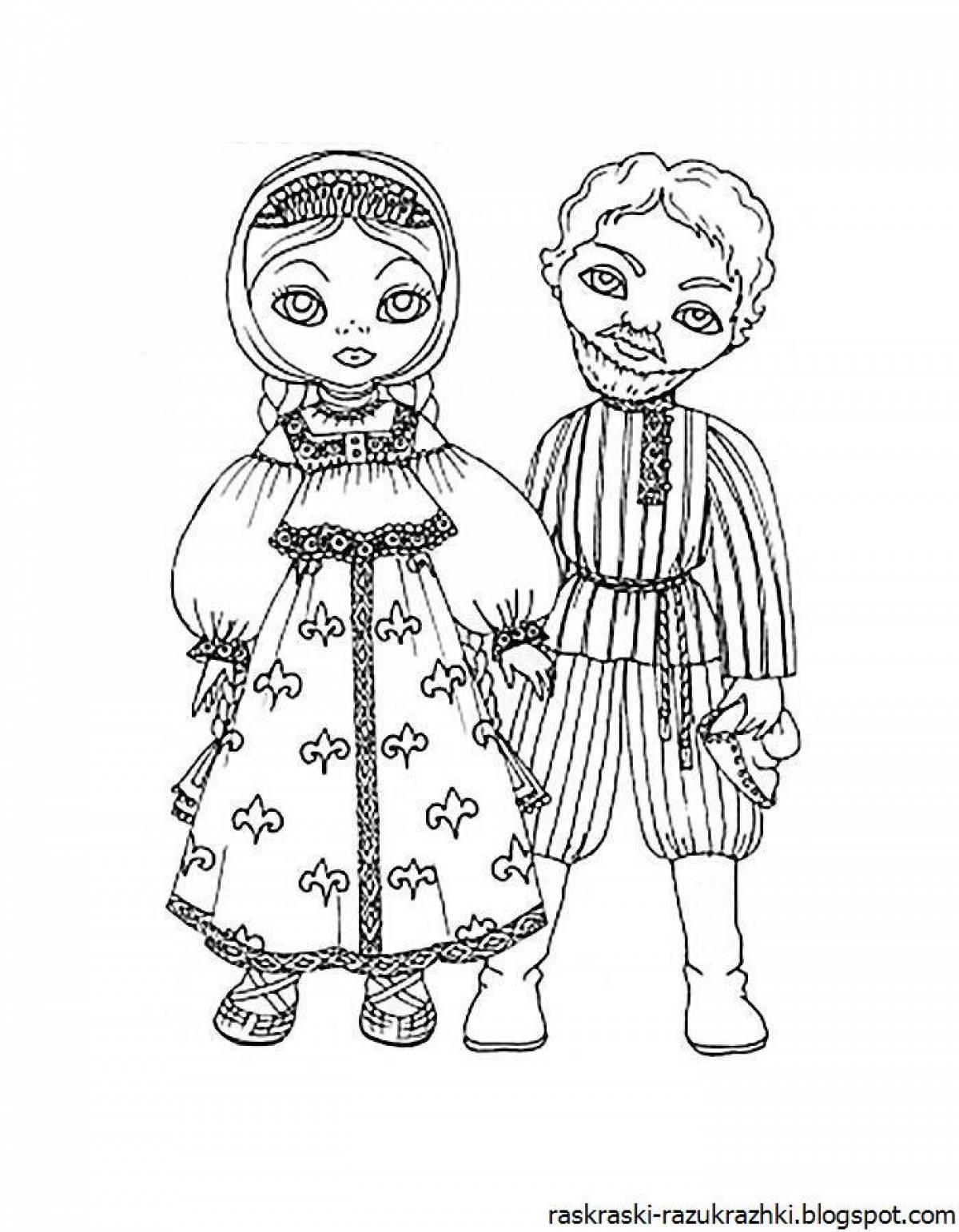 Coloring page charming Russian folk costume