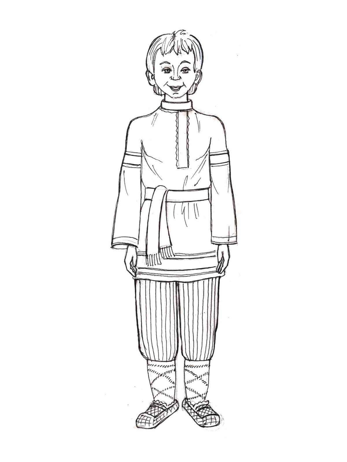Coloring page of traditional Russian folk costume