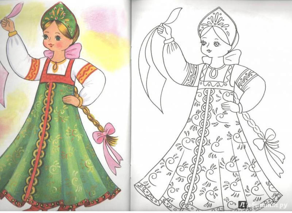 Coloring page bold Russian folk costume
