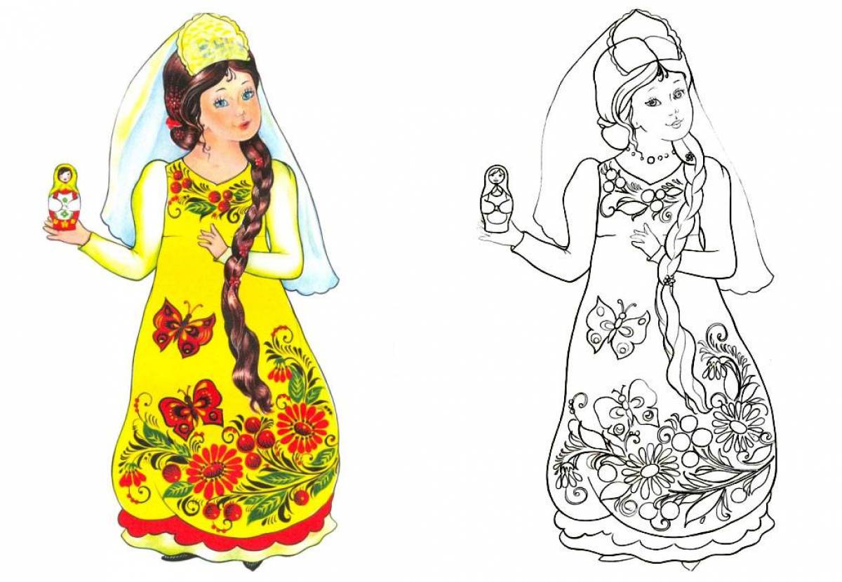 Coloring page exotic Russian folk costume
