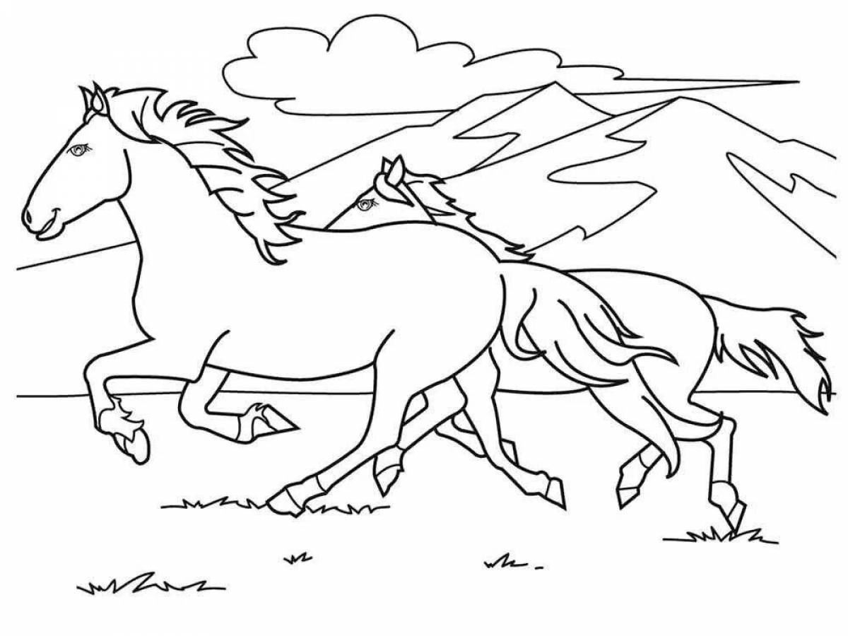 Величественная белая лошадь-раскраска для детей