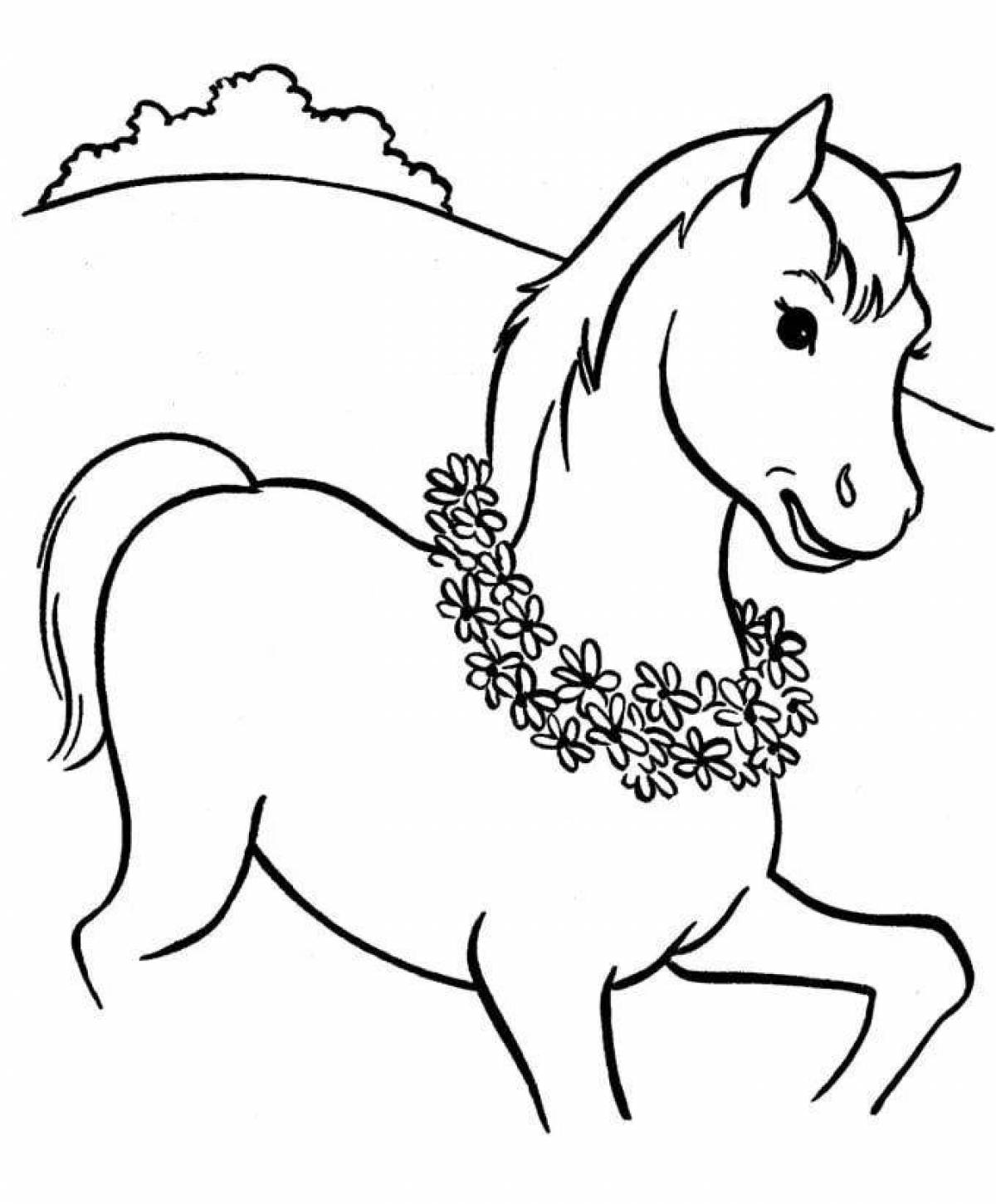 Черная скачущая лошадь-раскраска для детей