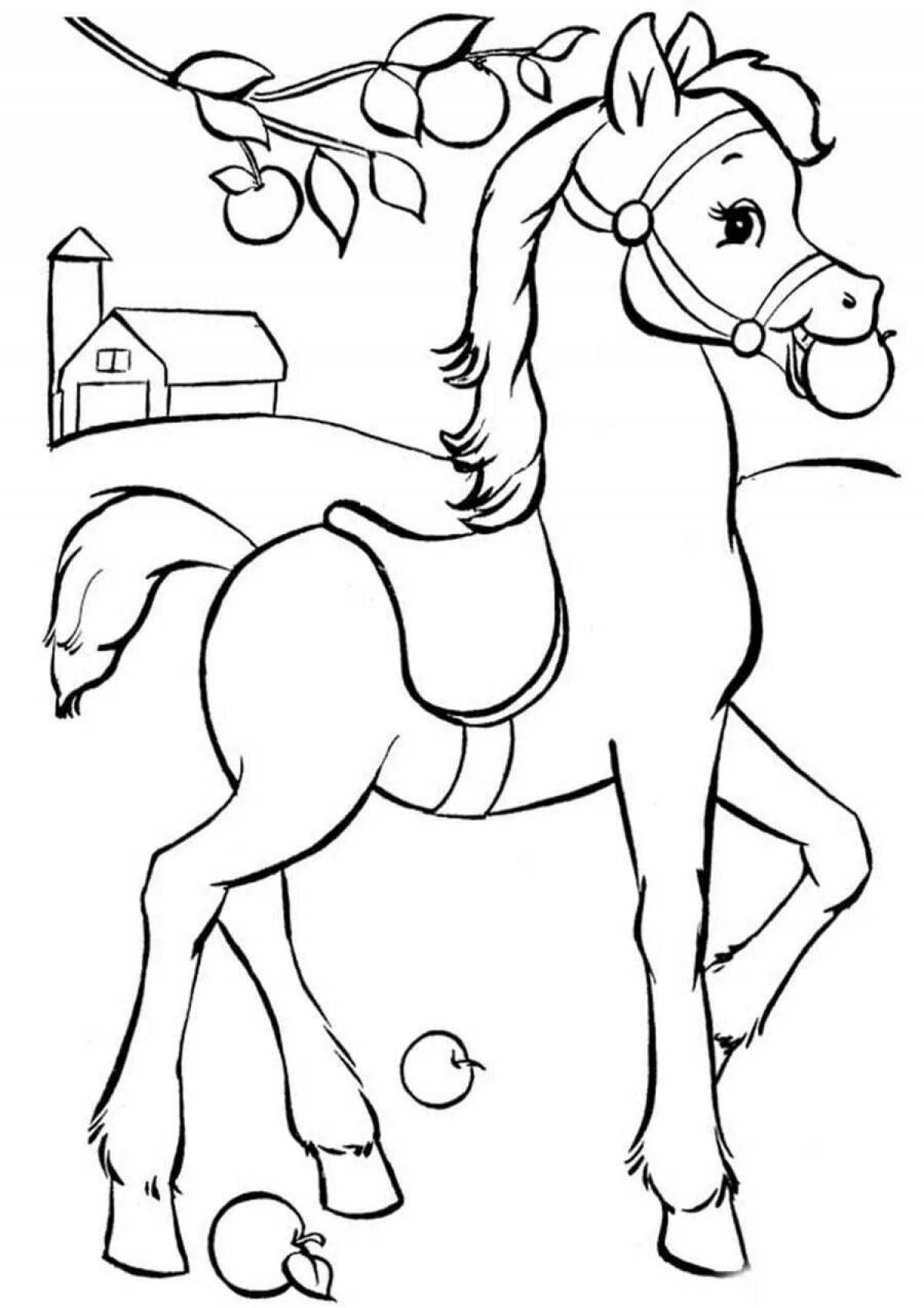 Лошадь-раскраска скачущая пинто для детей