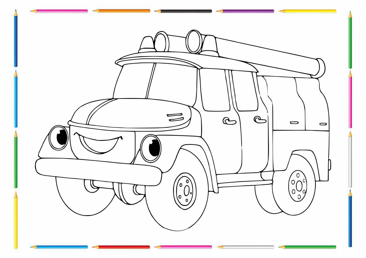 Игривая страница раскраски пожарной машины для детей